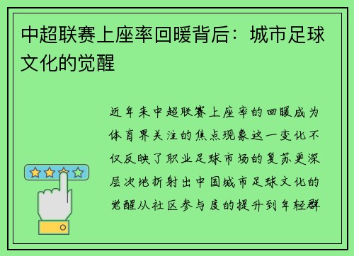 中超联赛上座率回暖背后：城市足球文化的觉醒