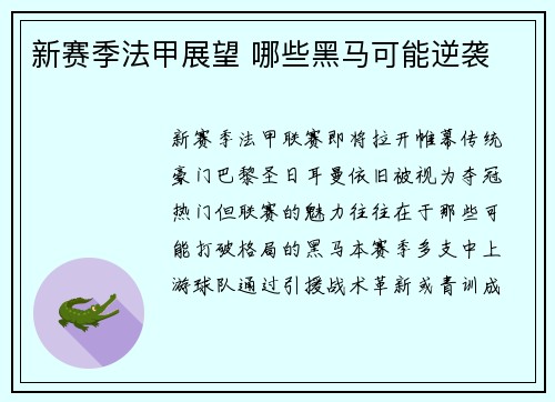 新赛季法甲展望 哪些黑马可能逆袭